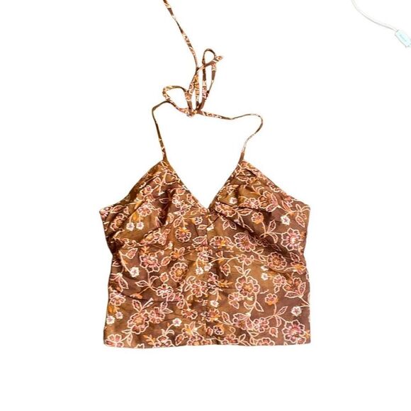 NWT J Crew Cropped Halter Top Brown Vintage Vines Floral Print Size 6 - Picture 4 of 11
